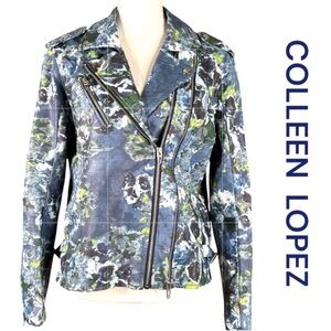 COLLEEN LOPEZ Vegan Leather Blue Floral Print Moto Jacket, Pockets, Size L.